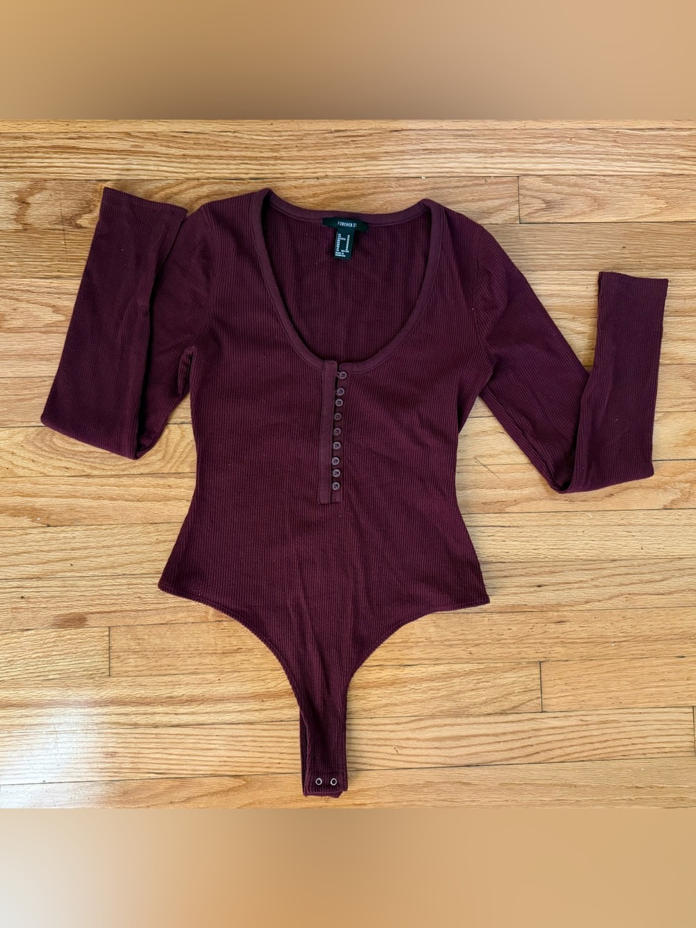 F21 - Ribbed Henley Button-Front Bodysuit in Deep Burgundy - Size M